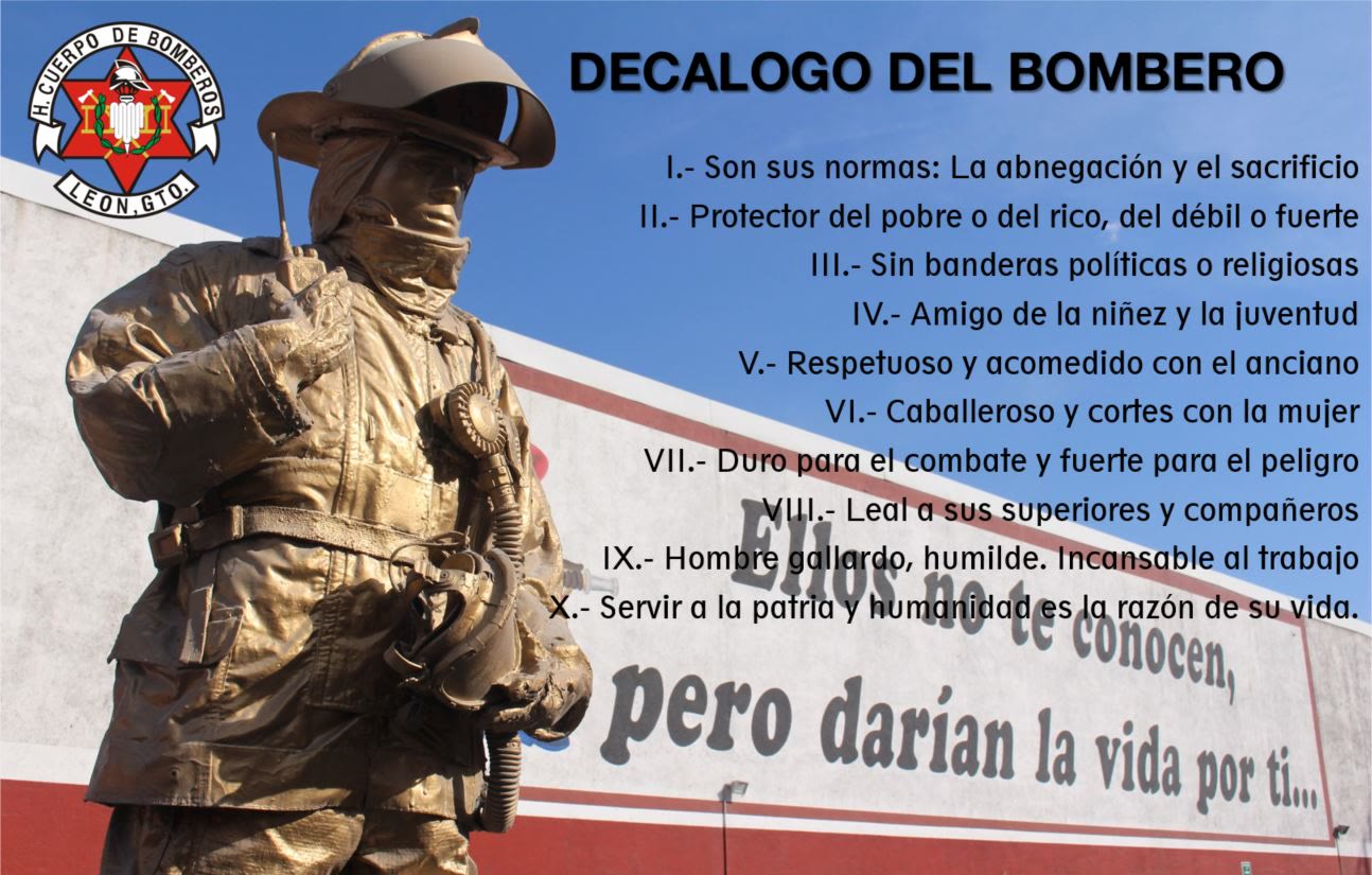 Cartel del Decálogo del Bombero con la estatua de un bombero frente a la estación